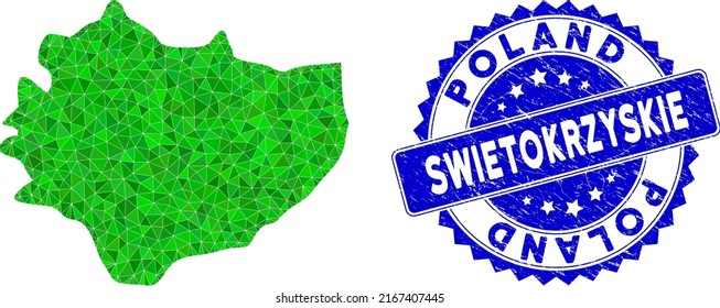 Blue rosette rubber seal and lowpoly Swietokrzyskie Voivodeship map mosaic in green colors. Triangulated Swietokrzyskie Voivodeship map polygonal 2d illustration with corroded blue seal imitation.