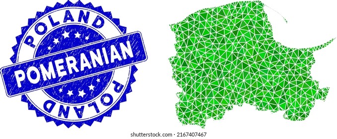 Blue rosette rubber seal and lowpoly Pomeranian Voivodeship map mosaic in green colors. Triangulated Pomeranian Voivodeship map polygonal icon illustration, and grunge blue seal.