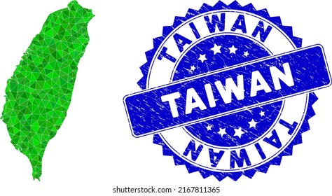 Blue rosette rubber seal and lowpoly Taiwan Island map mosaic in green colors. Triangulated Taiwan Island map polygonal icon illustration, and grunge blue seal imitation.