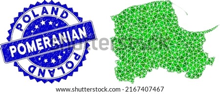 Blue rosette rubber seal and lowpoly Pomeranian Voivodeship map mosaic in green colors. Triangulated Pomeranian Voivodeship map polygonal icon illustration, and grunge blue seal.