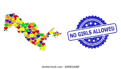 Blue rosette rubber seal with No Girls Allowed title. Vector mosaic LGBT map of Uzbekistan from hearts. Map of Uzbekistan collage designed with love hearts in colored shades. For LGBT love images.