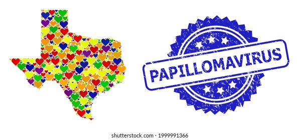 Blue rosette rubber seal with Papillomavirus caption. Vector mosaic LGBT map of Texas State with lovely hearts. Map of Texas State collage formed with lovely hearts in colored color tinges.