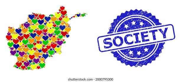 Blue rosette rubber seal with Society phrase. Vector mosaic LGBT map of Afghanistan from love hearts. Map of Afghanistan collage designed with love hearts in bright color tints.