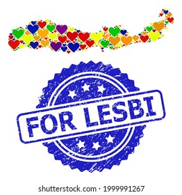 Blue rosette rubber seal stamp with For Lesbi message. Vector mosaic LGBT map of Indonesia - Flores Island with lovely hearts.