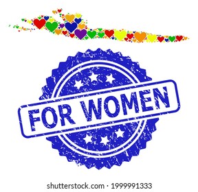 Sello de goma de rosette azul con la leyenda For Women. Mapa del mosaico vectorial LGBT de la isla de Hvar de corazones de amor. Mapa del collage de la isla Hvar compuesto por corazones de amor en coloridos tintes de color.