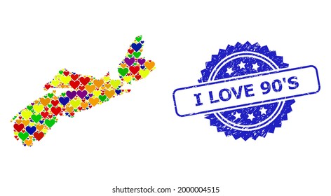 Blue rosette rubber seal stamp with I Love 90'S message. Vector mosaic LGBT map of Nova Scotia Province with hearts.