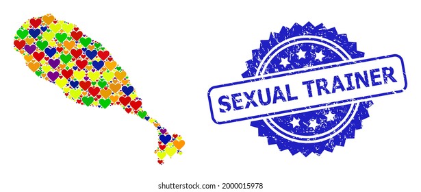 Blue Rosette Gummi Siegel mit Sexual Trainer Text. Vektor mosaic LGBT Karte von St Kitts Island mit schönen Herzen. Karte von St. Kitts Island Collage erstellt mit schönen Herzen in hellen Farben.