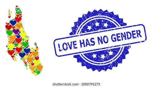 Blue rosette rubber seal stamp with Love Has No Gender caption. Vector mosaic LGBT map of Zanzibar Island of lovely hearts.