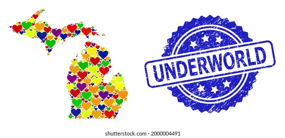 Blue rosette rubber seal with Underworld text. Vector mosaic LGBT map of Michigan State with lovely hearts. Map of Michigan State collage created with lovely hearts in bright color tones.