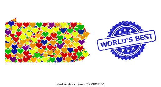 Blue rosette rubber seal with World'S Best phrase. Vector mosaic LGBT map of Pennsylvania State with lovely hearts.