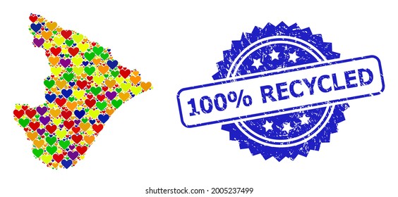 Blue rosette rubber stamp with 100 percent Recycled phrase. Vector mosaic LGBT map of Sergipe State of lovely hearts. Map of Sergipe State collage formed with lovely hearts in colored color hues.