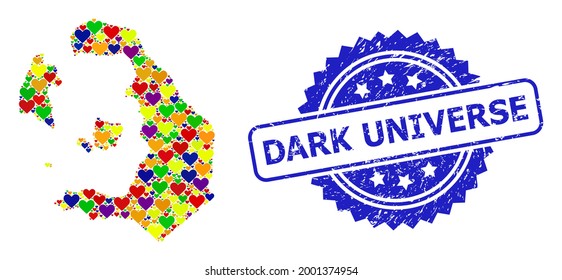 Blue rosette rubber stamp with Dark Universe message. Vector mosaic LGBT map of Santorini Island with love hearts. Map of Santorini Island collage composed with love hearts in bright shades.