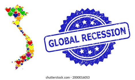 Blue rosette rubber stamp with Global Recession text. Vector mosaic LGBT map of Vietnam with lovely hearts. Map of Vietnam collage designed with valentine hearts in colored color hues.