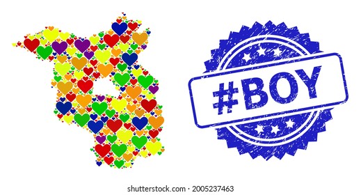 Blue rosette rubber stamp with hashtag Boy title. Vector mosaic LGBT map of Brandenburg State with lovely hearts. Map of Brandenburg State collage designed with lovely hearts in multicolored color