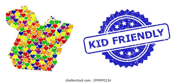 Blue rosette rubber stamp with Kid Friendly text. Vector mosaic LGBT map of Paral State with lovely hearts. Map of Paral State collage created with lovely hearts in colored color tints.