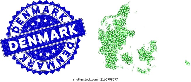 Blue Rosette Rubber Stamp And Lowpoly Denmark Map Mosaic In Green Colors. Triangulated Denmark Map Polygonal Symbol Illustration, And Rubber Blue Watermark.