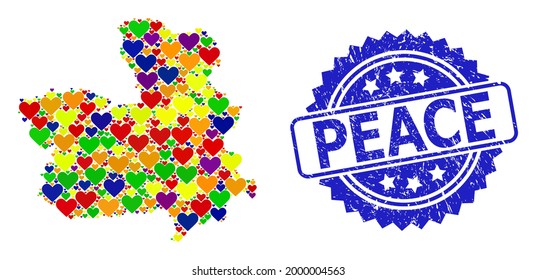 Blue rosette rubber stamp with Peace title. Vector mosaic LGBT map of Castile-La Mancha Province with hearts.