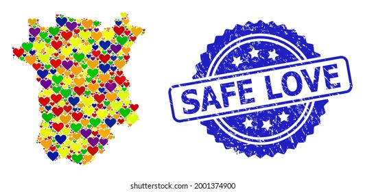 Blue rosette rubber stamp with Safe Love message. Vector mosaic LGBT map of Ichkeria with hearts. Map of Ichkeria collage designed with valentine hearts in bright color tones. For LGBT marriage arts.