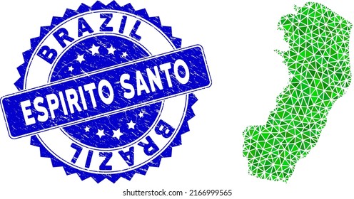 Blue rosette rubber stamp seal and lowpoly Espirito Santo State map mosaic in green colors. Triangulated Espirito Santo State map polygonal icon illustration, and rubber blue seal imitation.