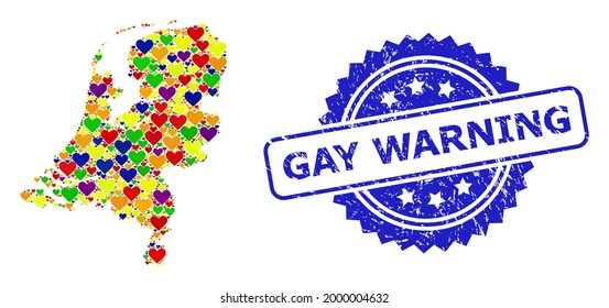 Blue rosette rubber watermark with Gay Warning text. Vector mosaic LGBT map of Netherlands of love hearts. Map of Netherlands collage designed with love hearts in bright color tones.