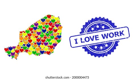 Blue rosette rubber watermark with I Love Work caption. Vector mosaic LGBT map of Niger with love hearts. Map of Niger collage designed with valentine hearts in colorful color tints.