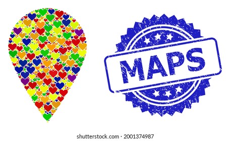 Blue rosette rubber watermark with Maps title. Vector mosaic LGBT local place with love hearts. Local place collage designed with love hearts in colorful color tints. For gay marriage illustrations.