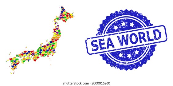 Blue rosette rubber watermark with Sea World caption. Vector mosaic LGBT map of Japan with love hearts. Map of Japan collage designed with love hearts in multicolored color hues.