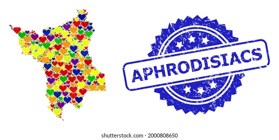 Blauer Rosette kratzte Robbe mit Aphrodisiaktien Titel. Vektor mosaic LGBT Karte des Roraima-Staates mit schönen Herzen. Karte von Roraima State Collage entworfen mit schönen Herzen in mehrfarbigen Farbtönen.