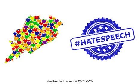 Blaues Rosette kratzte Siegel mit Hashtag Hatespeech Text. Vektor mosaic LGBT Karte von Odisha Staat aus schönen Herzen. Karte der Odisha-Staatskollektion, erstellt mit Valentinherzen in mehrfarbiger Farbe