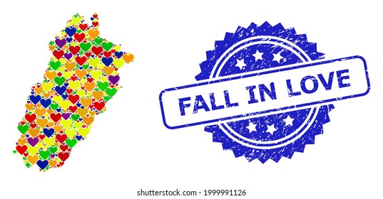 Impresión de foca rayada de rosette azul con el título Caída en amor. Mapa de mosaicos de vectores LGBT de la provincia de Punjab con corazones de amor. Mapa del collage de la provincia de Punjab creado con encantadores corazones en colores vivos.