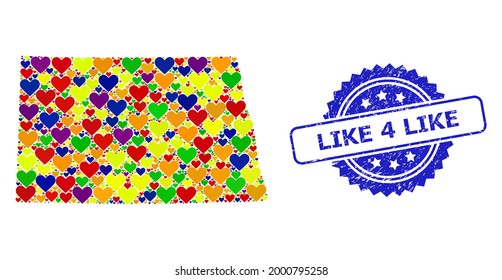 Blue rosette scratched seal imprint with Like 4 Like phrase. Vector mosaic LGBT map of North Dakota State with love hearts.