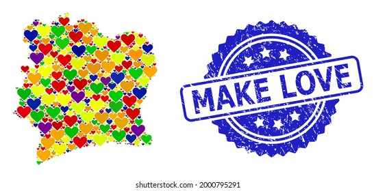 Blue rosette scratched seal imprint with Make Love title. Vector mosaic LGBT map of Ivory Coast with love hearts. Map of Ivory Coast collage formed with love hearts in colored color tinges.
