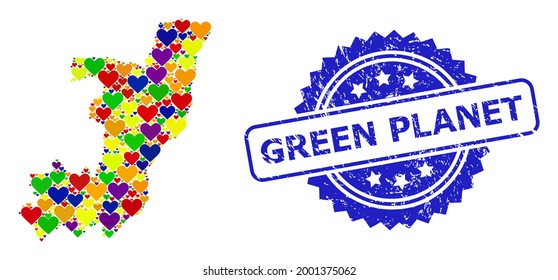 Blue rosette scratched seal imprint with Green Planet caption. Vector mosaic LGBT map of Republic of the Congo of lovely hearts.