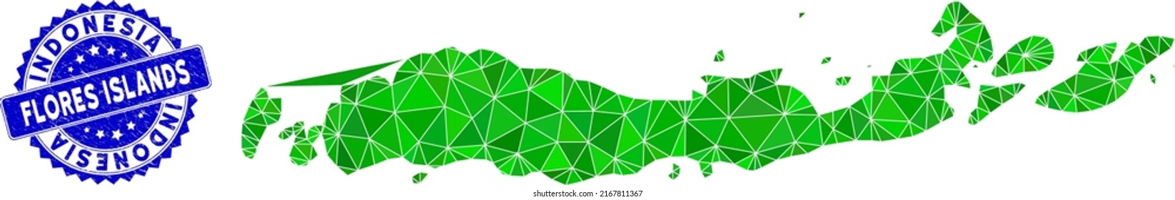 Blue rosette scratched seal and low-poly Flores Islands of Indonesia map mosaic in green colors. Triangulated Flores Islands of Indonesia map polygonal icon illustration, and rubber blue stamp seal.