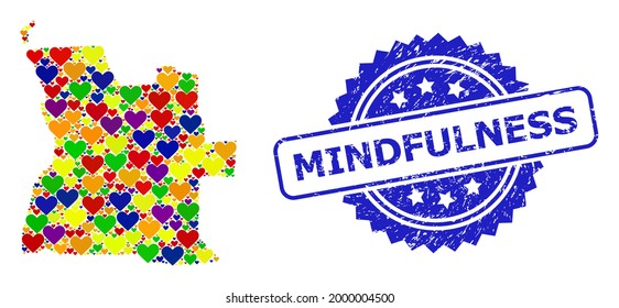Blue rosette scratched seal with Mindfulness text. Vector mosaic LGBT map of Angola of love hearts. Map of Angola collage composed with love hearts in colored color tinges.