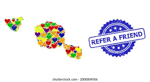 Blue rosette scratched seal with Refer a Friend caption. Vector mosaic LGBT map of Tahiti and Moorea islands of love hearts.