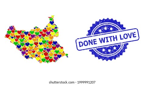 Blue rosette scratched seal stamp with Done with Love caption. Vector mosaic LGBT map of South Sudan with valentines. Map of South Sudan collage designed with love hearts in multicolored shades.