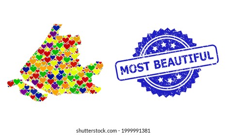 Blue rosette scratched seal stamp with Most Beautiful text. Vector mosaic LGBT map of South Holland from hearts. Map of South Holland collage formed with valentine hearts in bright color tones.