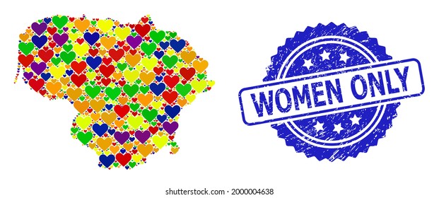 Blue rosette scratched seal stamp with Women Only title. Vector mosaic LGBT map of Lithuania with lovely hearts. Map of Lithuania collage formed with lovely hearts in colorful color hues.