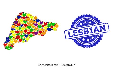 Blue rosette scratched seal stamp with Lesbian title. Vector mosaic LGBT map of Easter Island of love hearts. Map of Easter Island collage created with lovely hearts in colorful color hues.