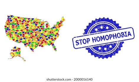 Blue rosette scratched seal stamp with Stop Homophobia phrase. Vector mosaic LGBT map of USA and Alaska with love hearts.