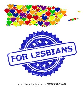Blue rosette scratched seal stamp with For Lesbians title. Vector mosaic LGBT map of Puerto Rico with love hearts. Map of Puerto Rico collage formed with love hearts in colored color tints.