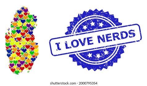 Blue rosette scratched seal stamp with I Love Nerds text. Vector mosaic LGBT map of Qatar with love hearts. Map of Qatar collage formed with valentine hearts in colored color tints.