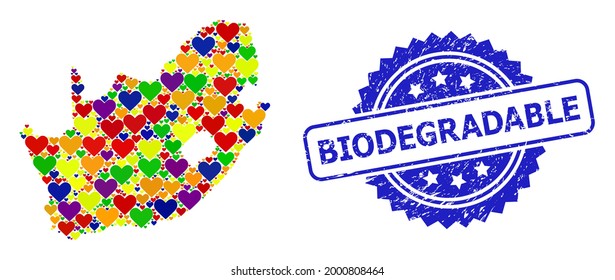 Blauer Rosette kratzte Robbenstempel mit biologisch abbaubarem Text. Vektor mosaic LGBT Karte der Südafrikanischen Republik mit Liebe Herzen.