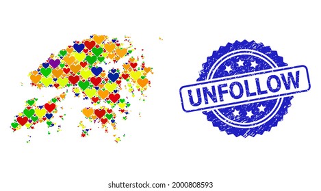 Blue rosette scratched seal stamp with Unfollow phrase. Vector mosaic LGBT map of Hong Kong with hearts. Map of Hong Kong collage created with valentine hearts in colored color tints.