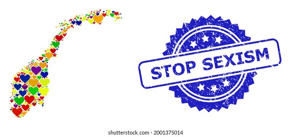 Sello de sello rayado con rosetón azul con título Stop Sexista. Mapa del mosaico vector LGBT de Noruega de corazones encantadores. Mapa del collage noruego compuesto con encantadores corazones en tonos de color.