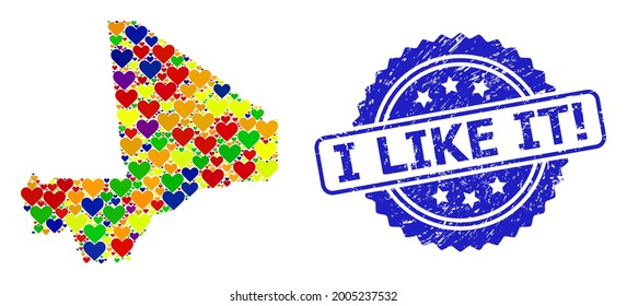 Blue rosette scratched seal stamp with I Like It Exclamation phrase. Vector mosaic LGBT map of Mali with love hearts. Map of Mali collage designed with lovely hearts in colored color tints.