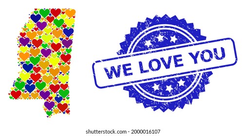 Sello rayado de rosette azul con el texto We Love You. Mapa de mosaico vectorial LGBT del estado de Misisipi con corazones. Mapa del collage del estado de Mississippi creado con corazones de amor en coloridos matices de color.