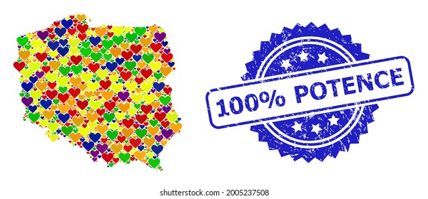 Sello rayado de rosette azul con un título de Potence del 100%. Mapa de Polonia con mosaico de vectores LGBT con corazones de amor. Mapa de collage de Polonia creado con encantadores corazones en tintes multicolores.
