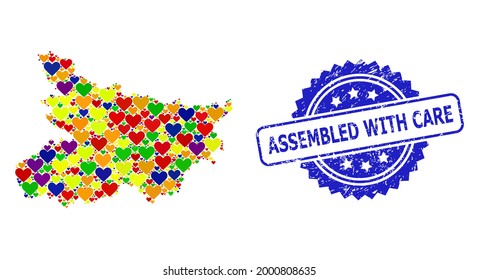Blue rosette scratched stamp with Assembled with Care caption. Vector mosaic LGBT map of Bihar State with lovely hearts. Map of Bihar State collage formed with love hearts in colored color tones.